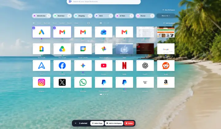 Tabpia bookmark grid with multiple bookmarks selected and the batch action bar open