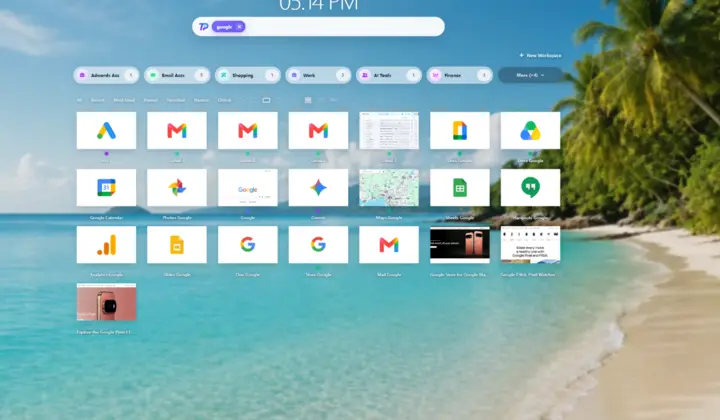 Tabpia bookmark search results with the active search shown as a removable capsule