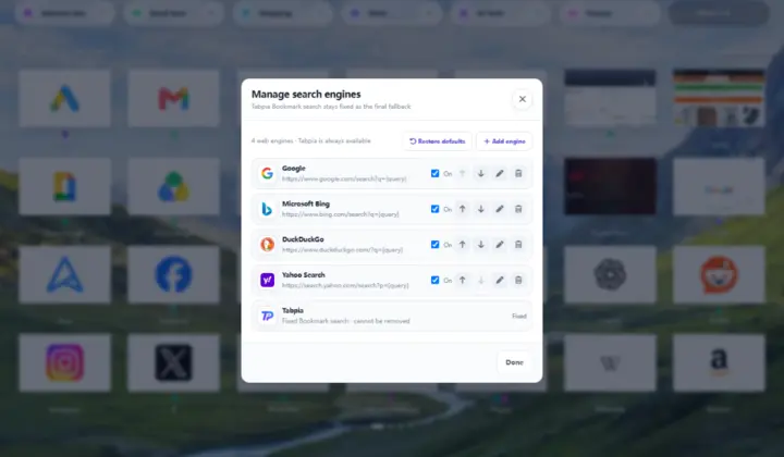 Tabpia search engine manager showing Google, Bing, DuckDuckGo, Yahoo and Tabpia