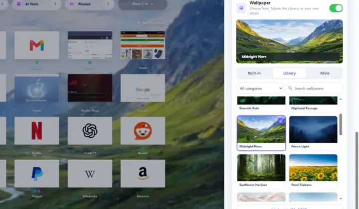 Tabpia wallpaper settings with the free wallpaper library open