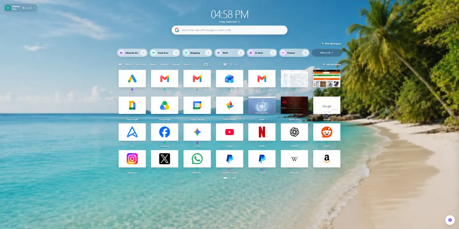 Tabpia New Tab with a beach wallpaper, workspace tabs and visual bookmark cards