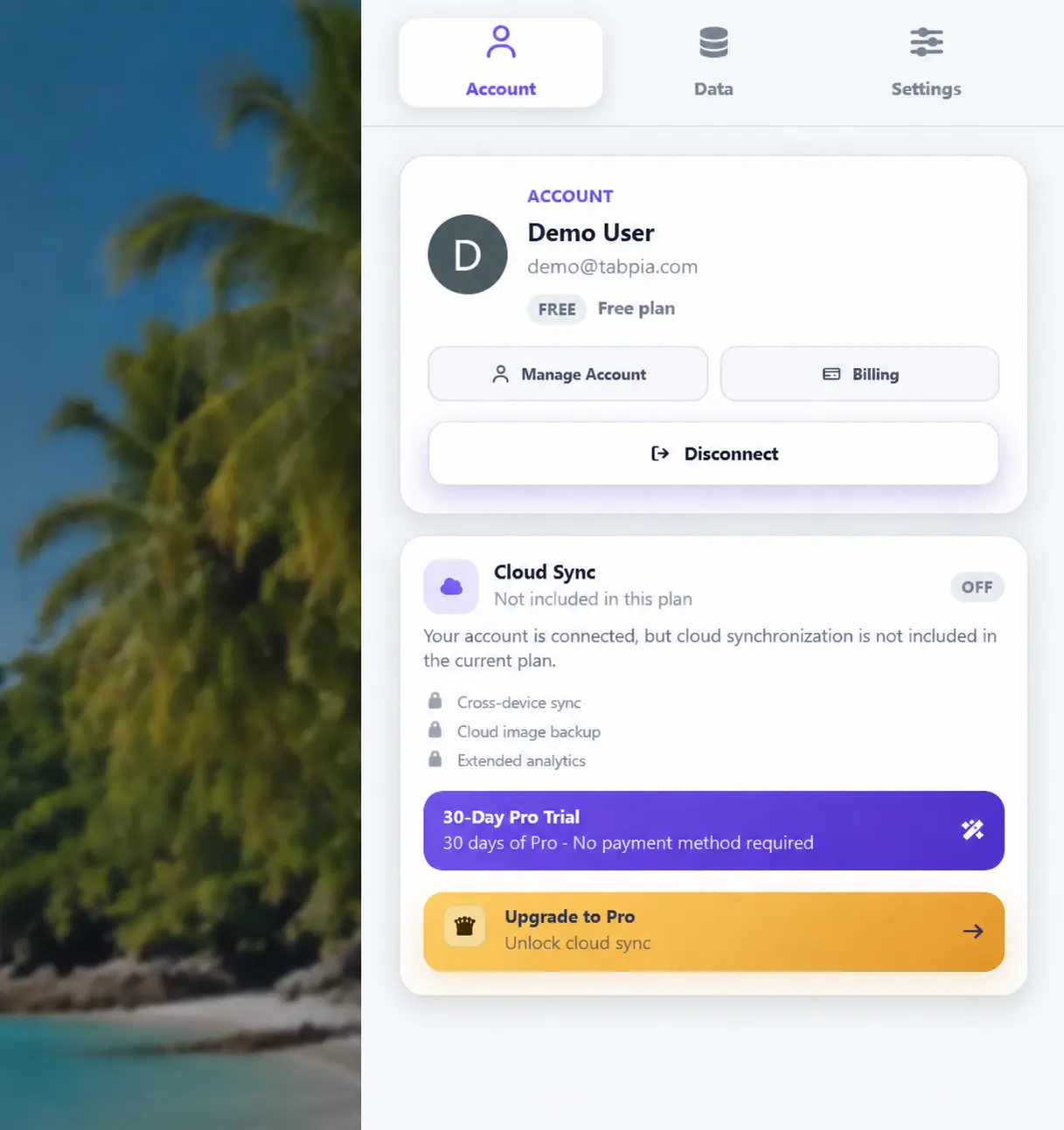 Tabpia extension Account panel for Demo User with the purple 30-Day Pro Trial button
