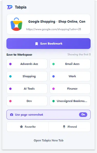 Tabpia Quick Save panel with workspace, screenshot, favorite and pinned options