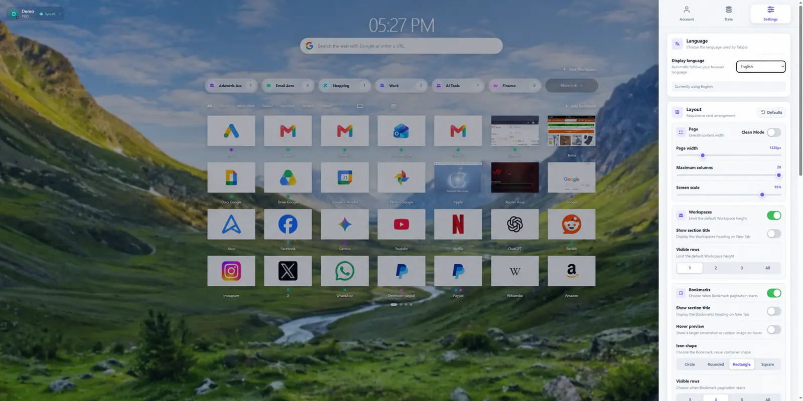 Tabpia Settings panel with language, layout, page width, screen scale and bookmark controls